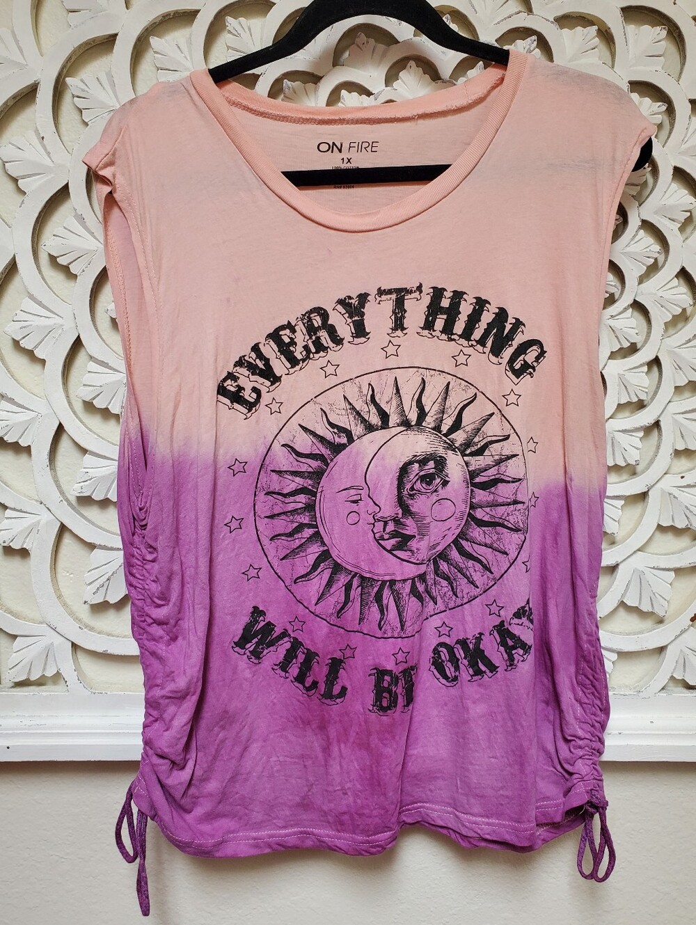 Upcycled Hand Dip-Dyed Graphic T-Shirt 1X Everything Will Be Ok Graphics